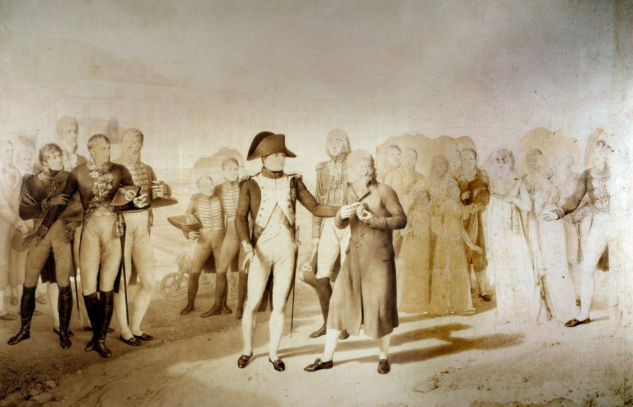 Císař Napoleon I. (1769-1821) a imprese Josephine de Beauharnais navštíví 20. 6. 1806 textilní továrnu Monsieur Oberkampf v Jouy Detail. Kresba Jean Baptiste Isabey (1767-1855) 1806 Sun. 1,28x1,45 m Versailles, zámecké muzeum od Jean Baptiste Isabey