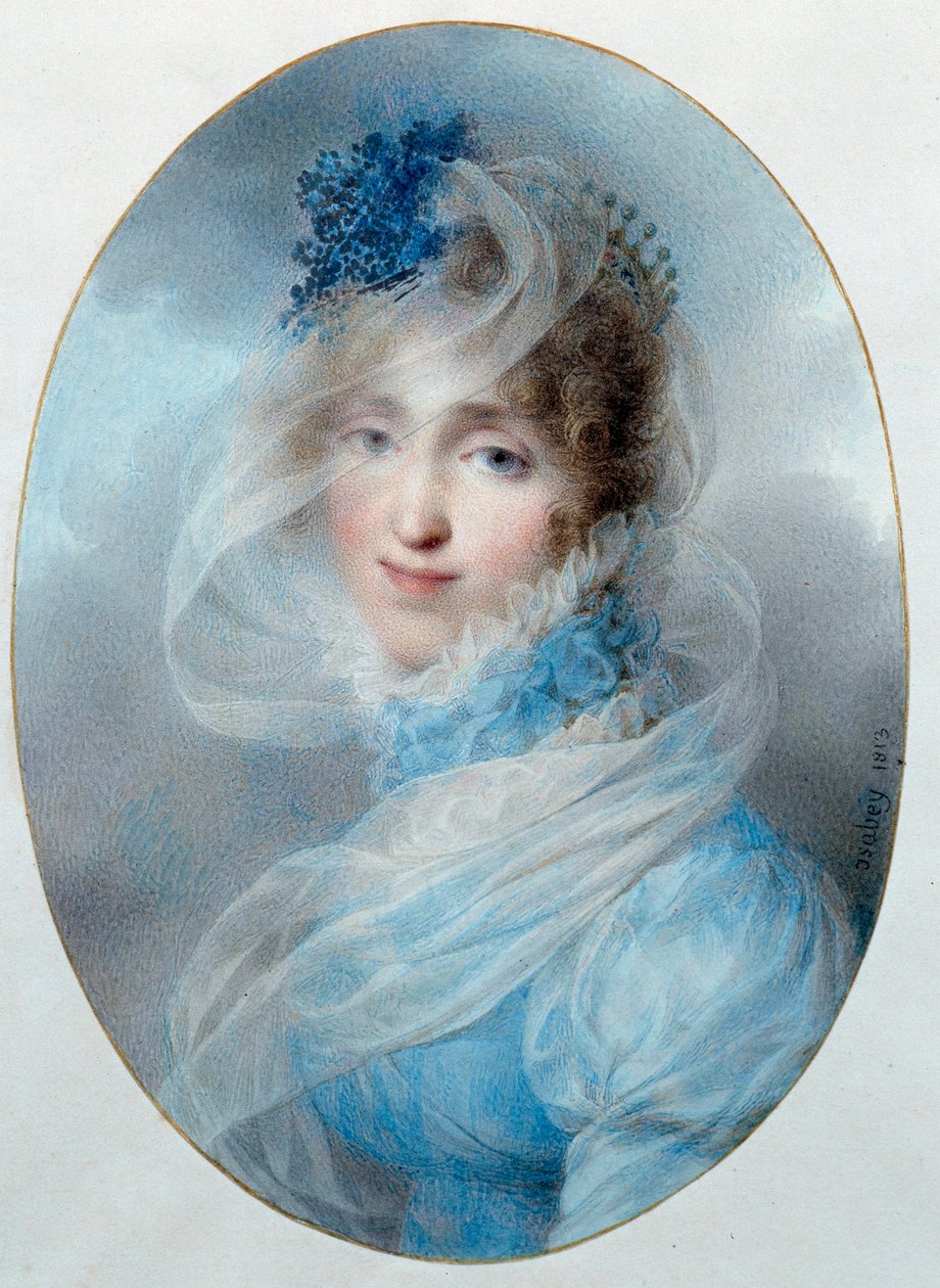 Portrét královny Hortense de Beauharnais (1783-1837) Je dcerou Impressa Josephine de Beauharnais a matkou budoucího Napoleona III. Akvarel Jean Baptiste Isabey (1767-1855) 1813 Sun. 0,13x0,95 m Malmaison, musee du chateau od Jean Baptiste Isabey