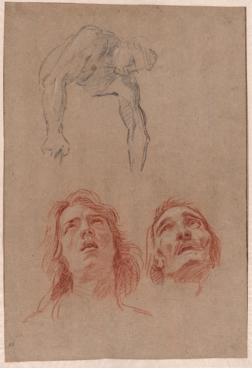 Muž sahající dolů a dvě studie hlav (recto) od Jean Baptiste Jouvenet