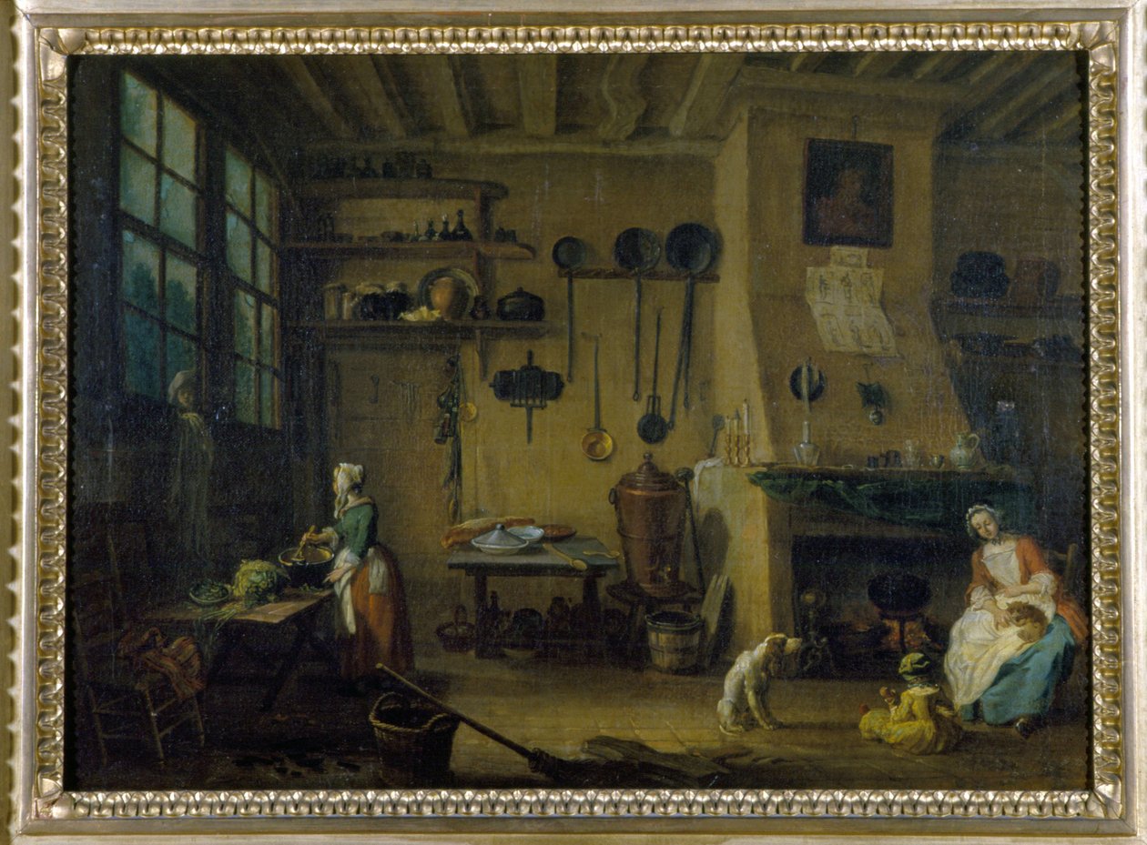 Buržoazní kuchyně - obraz J.B Lallemanda (1716 - 1803), konec 17. století, Muzeum výtvarného umění v Dijonu. od Jean Baptiste Lallemand