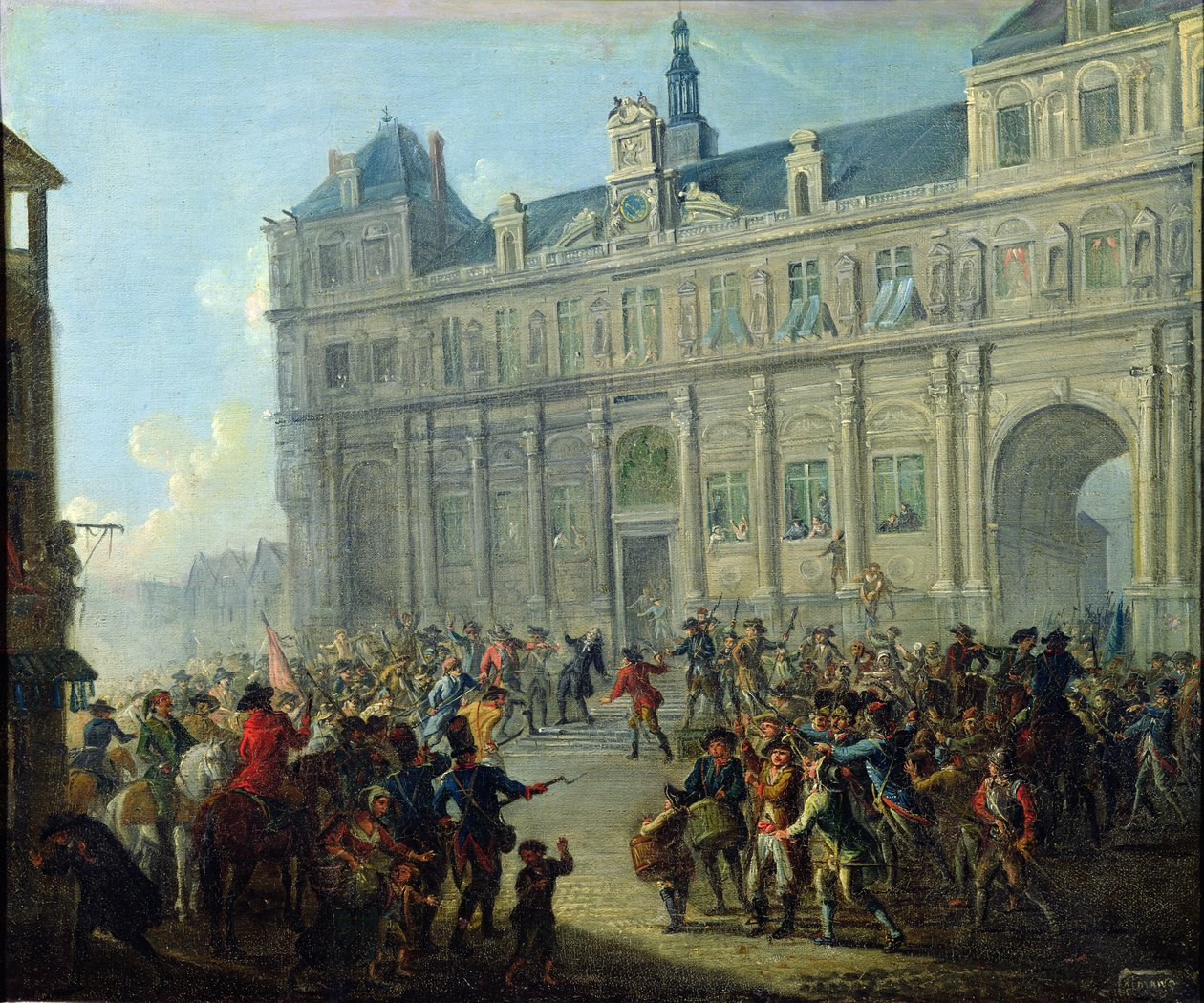 Atentát na Jacquese de Flesselles na schodech radnice 14. července 1789 od Jean Baptiste Lallemand