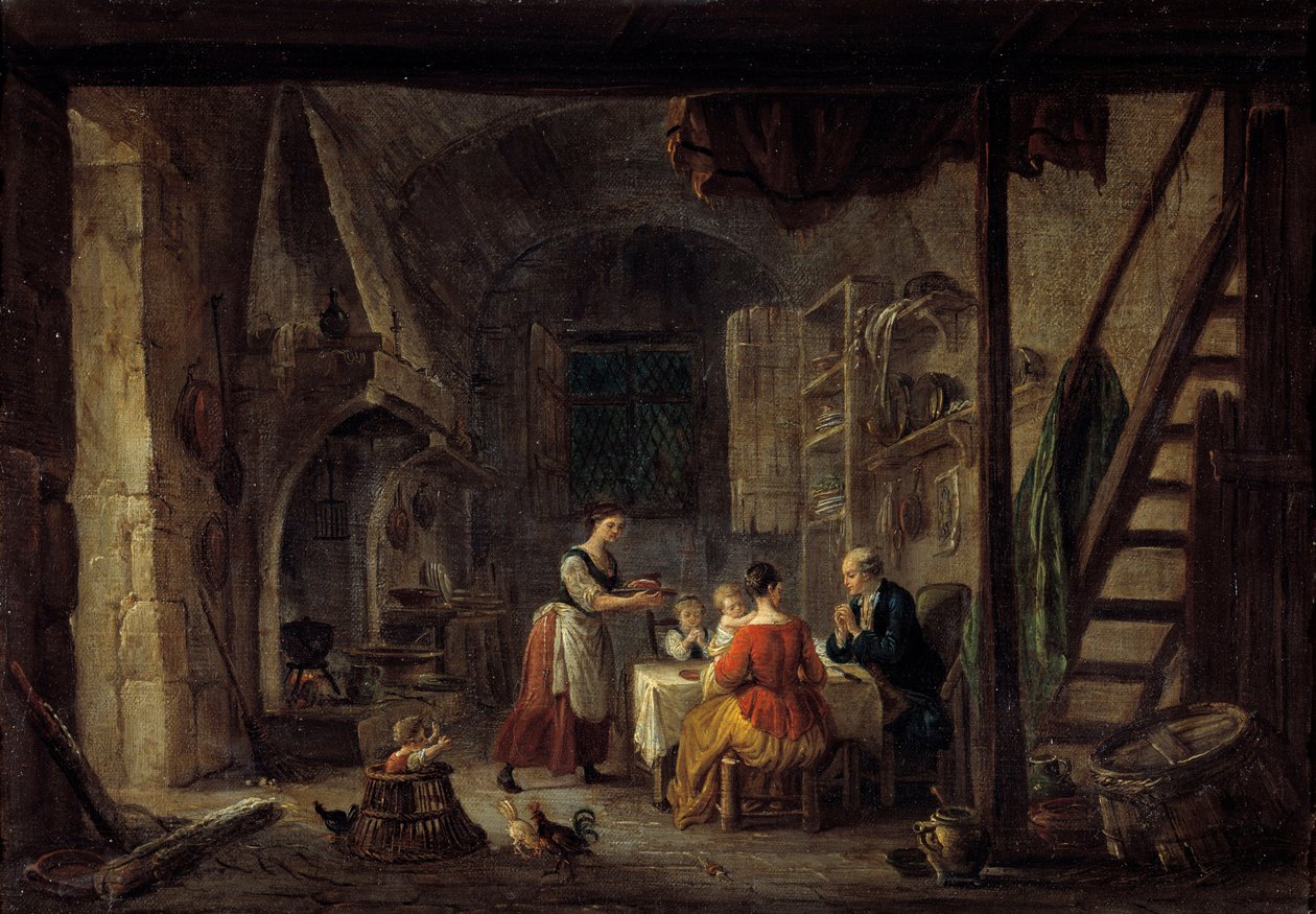 Benediktská scéna jídla v rodině rolníků, modlitba. Obraz Jean Baptiste Lallemant (1710-1803) Bourg en bresse z 18. století, Musee de Brou od Jean Baptiste Lallemand