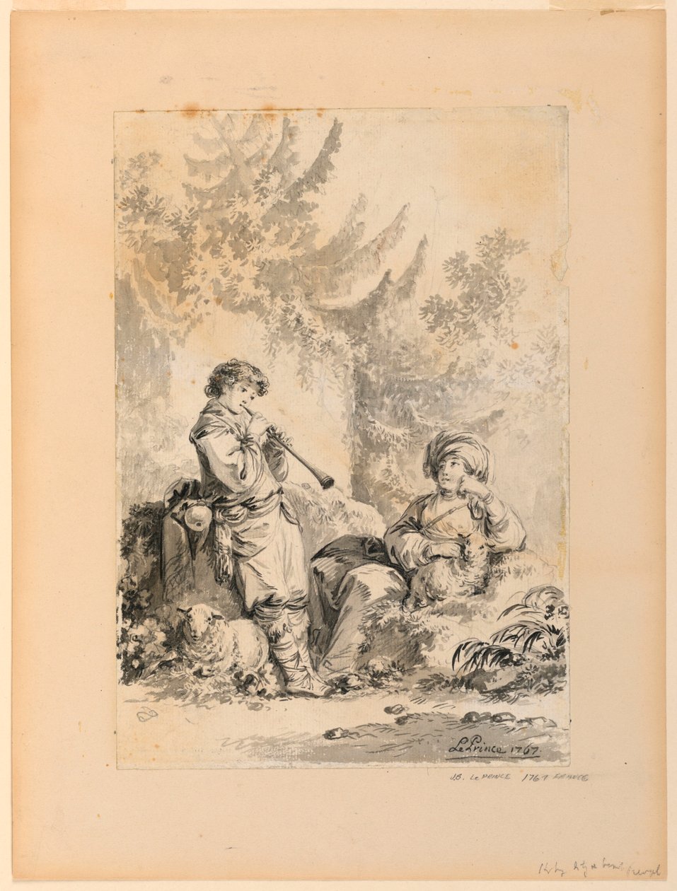 Kresba, Pastýř a pastýřka v krajině, 1767 od Jean Baptiste Le Prince