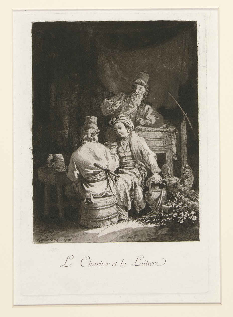La vertu au cabaret (Ctnost v kabaretu) a Le charretier et la laitiere (Povozník a mlékárna) od Jean Baptiste Le Prince