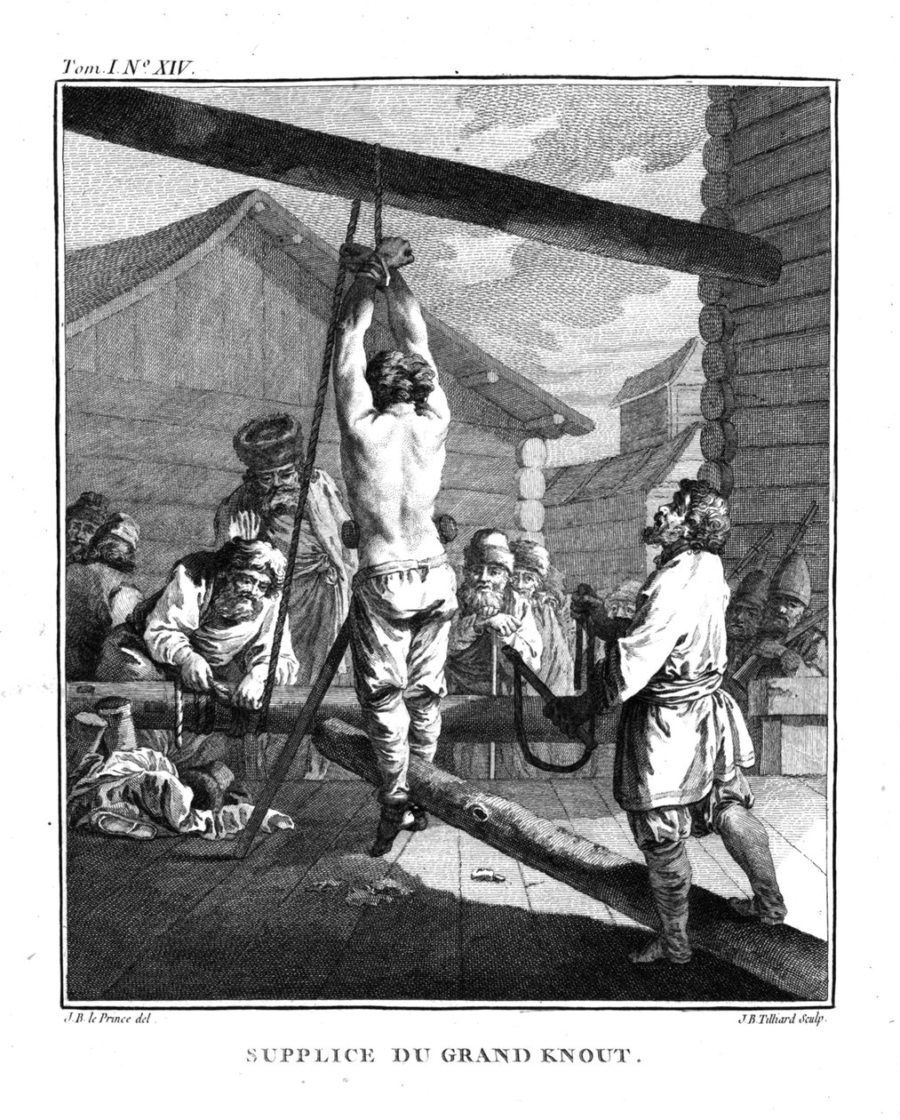 Trest velkým uzlíkem. Z Voyage en Sibérie, 1766 od Jean Baptiste Le Prince