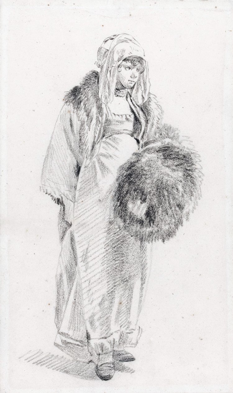 Ruská žena s kožešinovým rukávcem par Le Prince, Jean-Baptiste (1734-1781), Mezi 1758 a 1761 - Černá křída na papíře, 22,9x13,8 - Soukromá sbírka od Jean Baptiste Le Prince