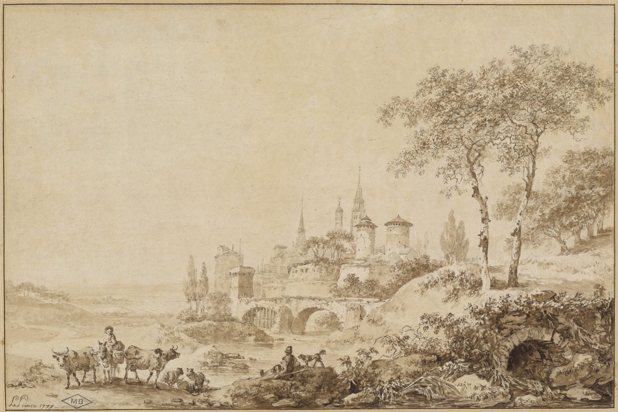 Pastýři v krajině před opevněným městem od Jean Baptiste Le Prince