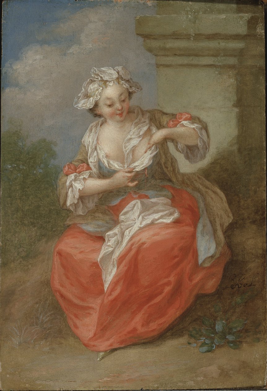 Young Girl Chasing Fleas, cca 1750 (olej na plátně) od Jean Baptiste Lebel