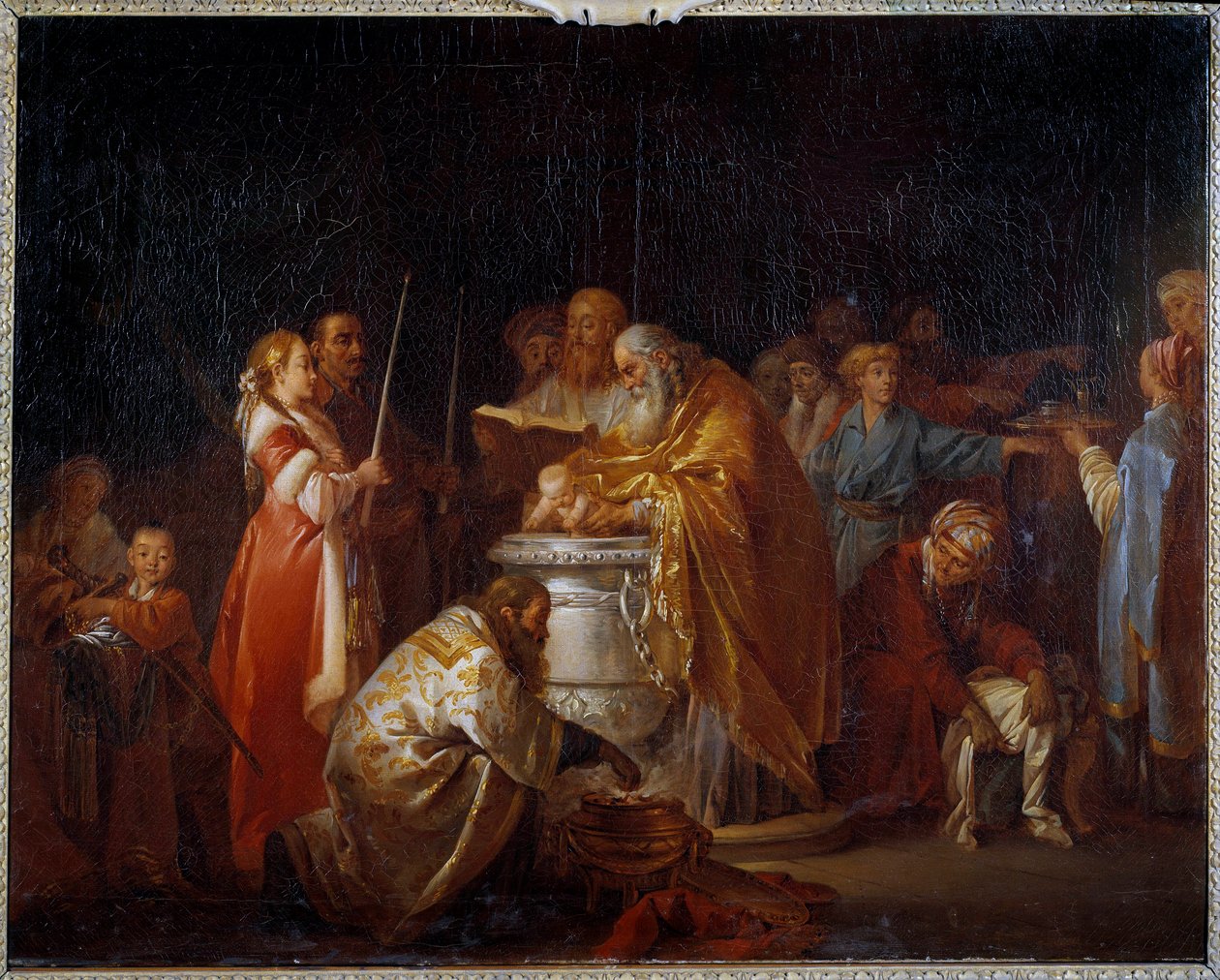 Ruský křest Ortodoxní papež křtí dítě před zraky jeho rodičů. Obraz Jean Baptiste Leprince (1733-1781) 1765 Ne. 0,73x0,92 m od Jean Baptiste Leprince