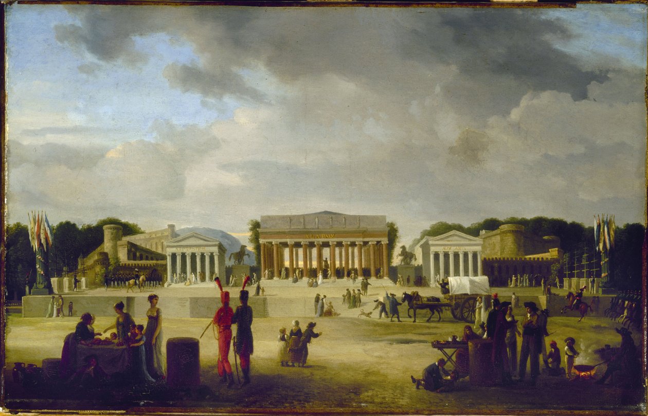 Pohled na velké divadlo na náměstí Svornosti při oslavě míru, 18. brumaire, X. ročník (9. listopadu 1801), v roce 1801 (olej na dřevě) od Jean Baptiste Louis Cazin