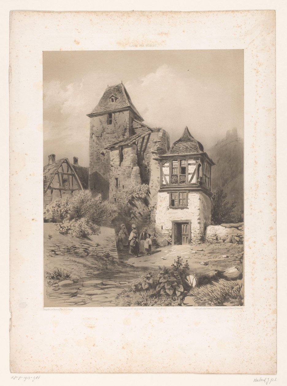 Horská vesnice se skupinou postav Kresby lavírovaným inkoustem na kameni (název série) Lavis od Huberta (název série na objektu) od Jean Baptiste Louis Hubert