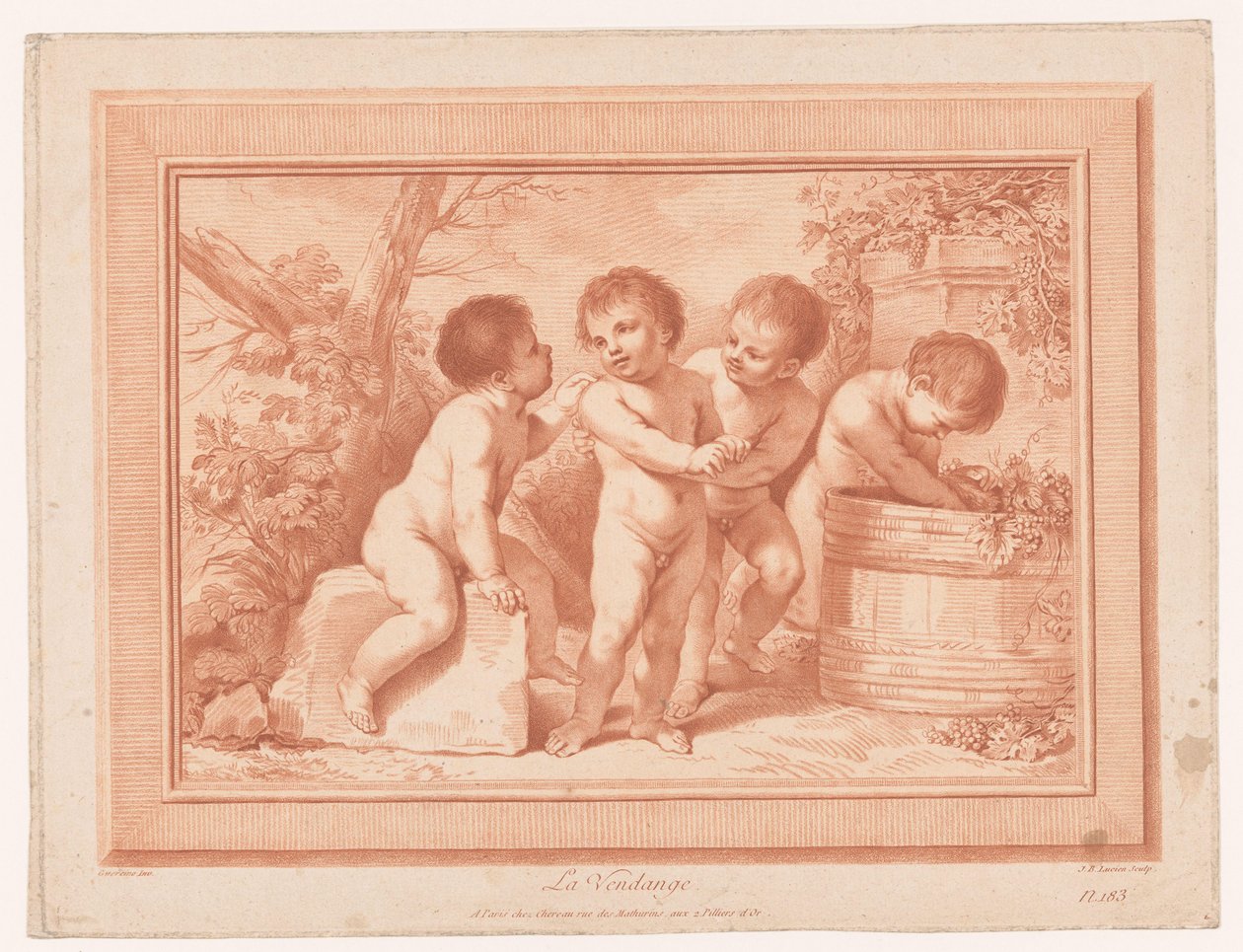 Čtyři putti se sudem na víno La Vendange (název na objektu) od Jean Baptiste Lucien