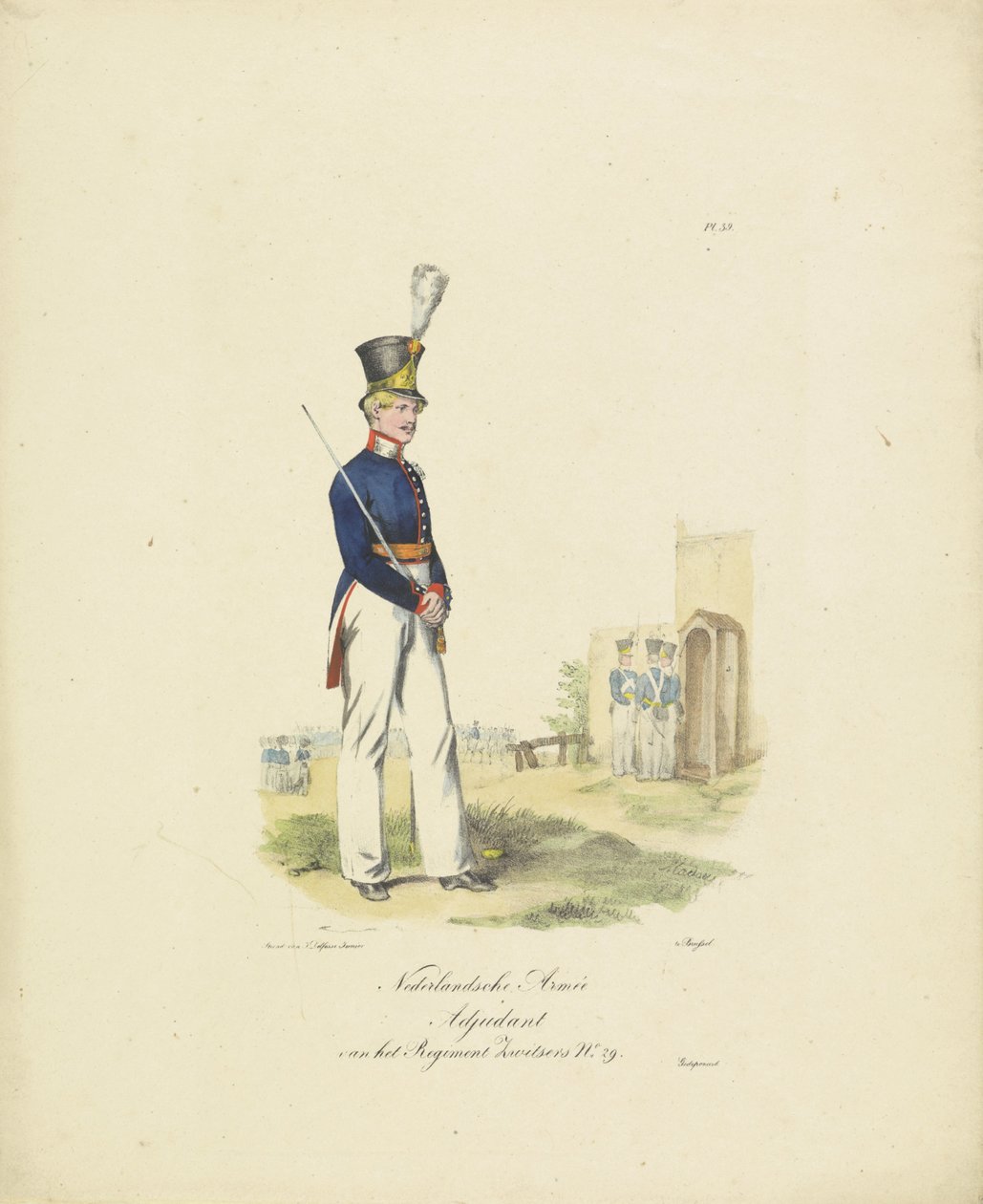 Adjutant švýcarského pluku, 1820-1825 Nederlandsche Armée Adjutant regimentu Swiss No. 29 (název na objektu) Vojenské kostýmy Nizozemského království. Věnováno Jeho Excelenci Willemu van Bylandtovi (název série o objektu od Jean Baptiste Madou
