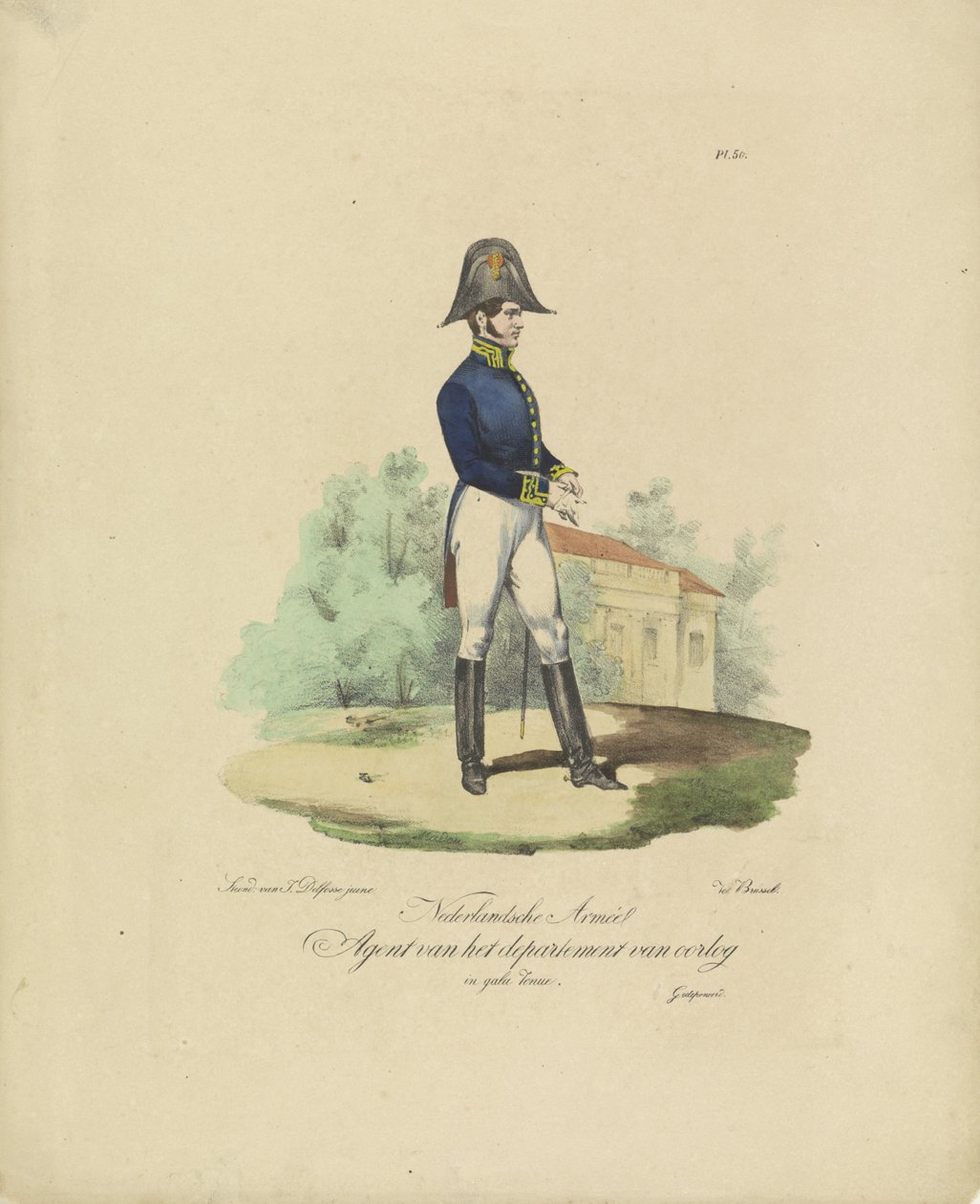 Agent ministerstva války, 1820-1825 Agent of the War Department v Nederlandsche Armée ve slavnostních šatech (titul na předmětu) Vojenské kostýmy Nizozemského království. Věnováno Jeho Excelenci Willemu van Bylandtovi (série titul od Jean Baptiste Madou