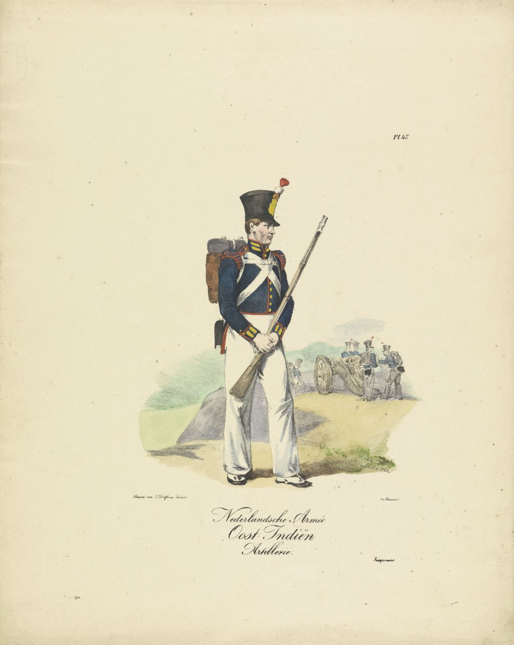 Dělostřelec holandské východní Indie armády, 1820-1825 Dutch Armée East Indies Artillery (název na objektu) Vojenské kostýmy Nizozemského království. Věnováno Jeho Excelenci Willemu van Bylandtovi (název série na objektu) od Jean Baptiste Madou