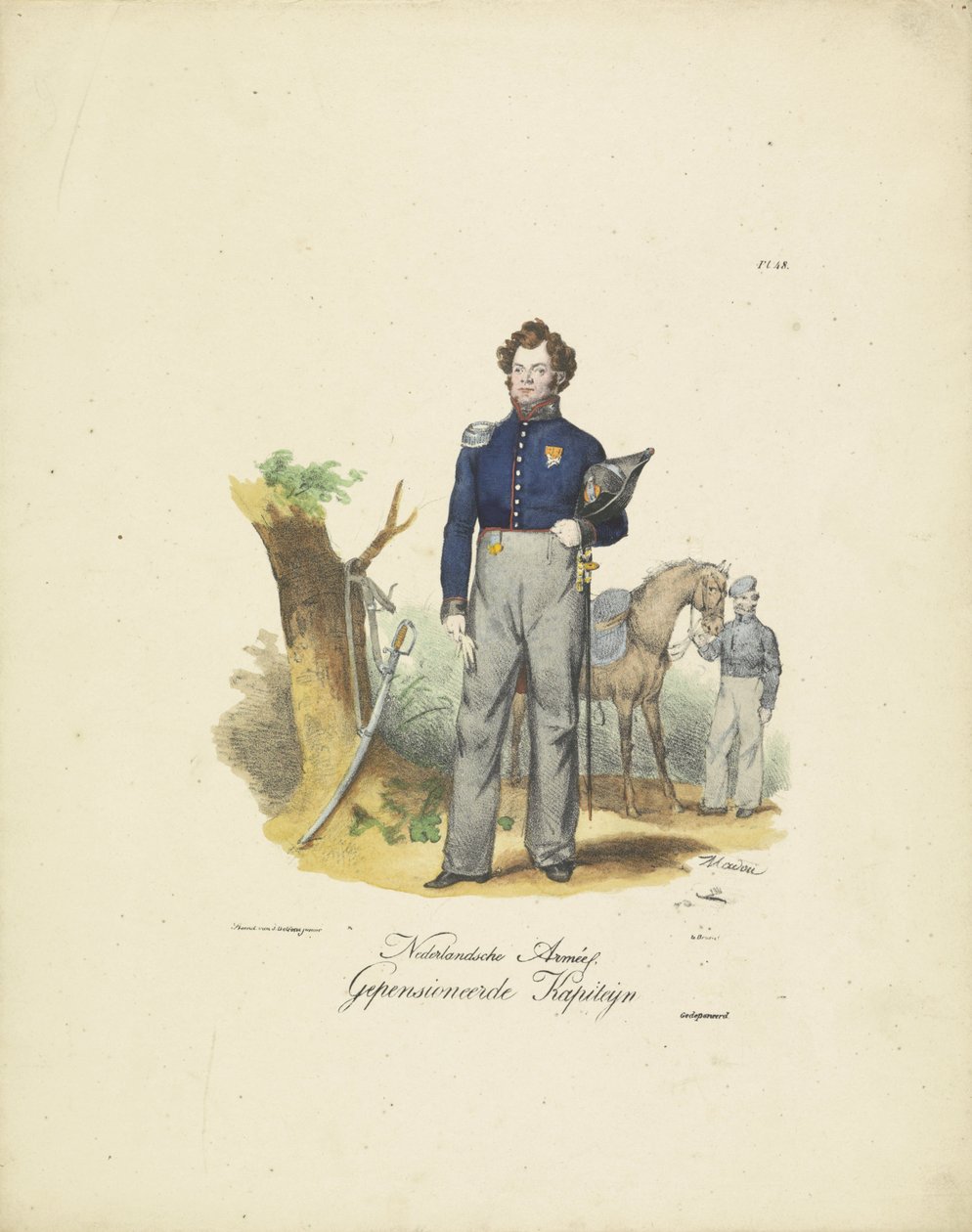 Kapitán ve výslužbě, 1820-1825 Nederlandsche Armée, Kapiteyn ve výslužbě (titul na objektu) Vojenské kostýmy Nizozemského království. Věnováno Jeho Excelenci Willemu van Bylandtovi (název série na objektu) od Jean Baptiste Madou