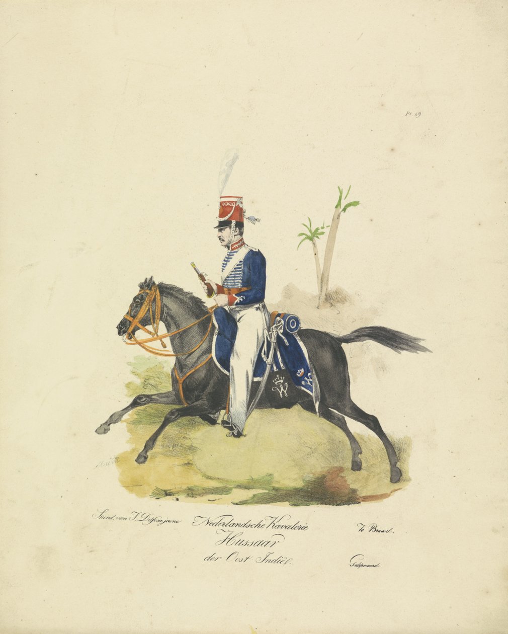 Husar holandské východní Indie armády, 1820-1825 Dutch Kavalerie Hussaar z východní Indie (název na objektu) Vojenské kostýmy Nizozemského království. Věnováno Jeho Excelenci Willemu van Bylandtovi (název série na objektu) od Jean Baptiste Madou