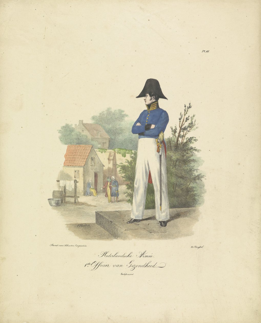 Důstojník zdravotnictví, 1820-1825 holandská armáda. 1. důstojník zdravotnictví Vojenské kostýmy Nizozemského království. Věnováno Jeho Excelenci Willemu van Bylandtovi (název série na objektu) od Jean Baptiste Madou