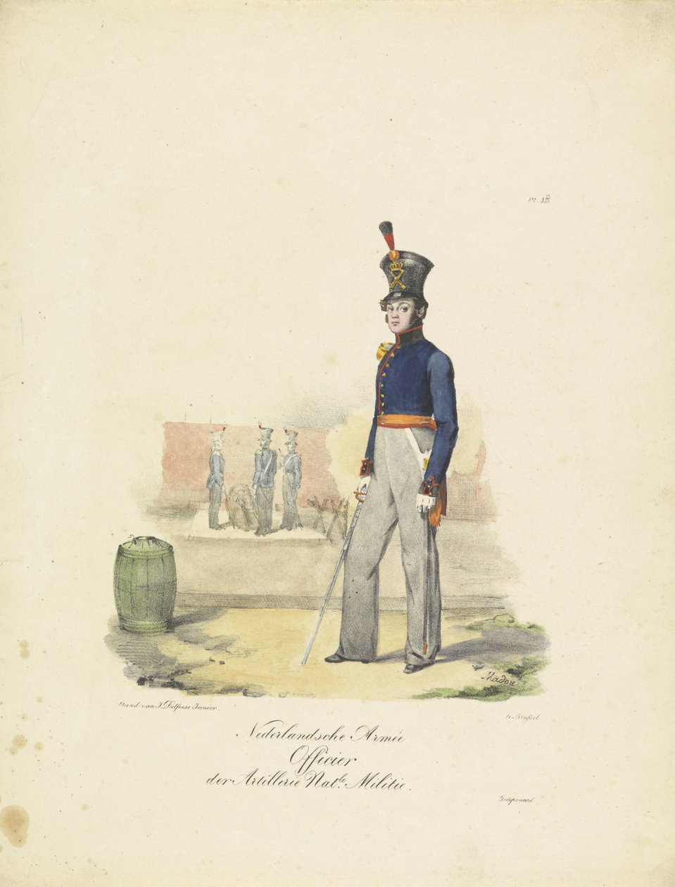 Důstojník dělostřelectva, 1820-1825 Nederlandsche Armée Officier der Artillerie Nat.le Militie (název na objektu) Vojenské kostýmy Nizozemského království. Věnováno Jeho Excelenci Willemu van Bylandtovi (název série na objektu) od Jean Baptiste Madou