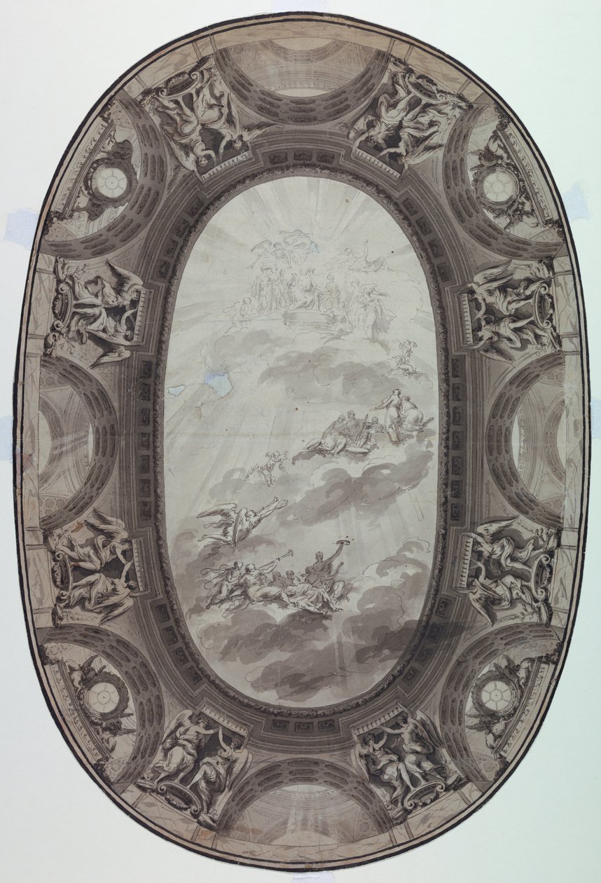 Kresba, Projekt malované výzdoby stropu sálu (Malovaný oválný strop), 1761 od Jean Baptiste Marie Pierre