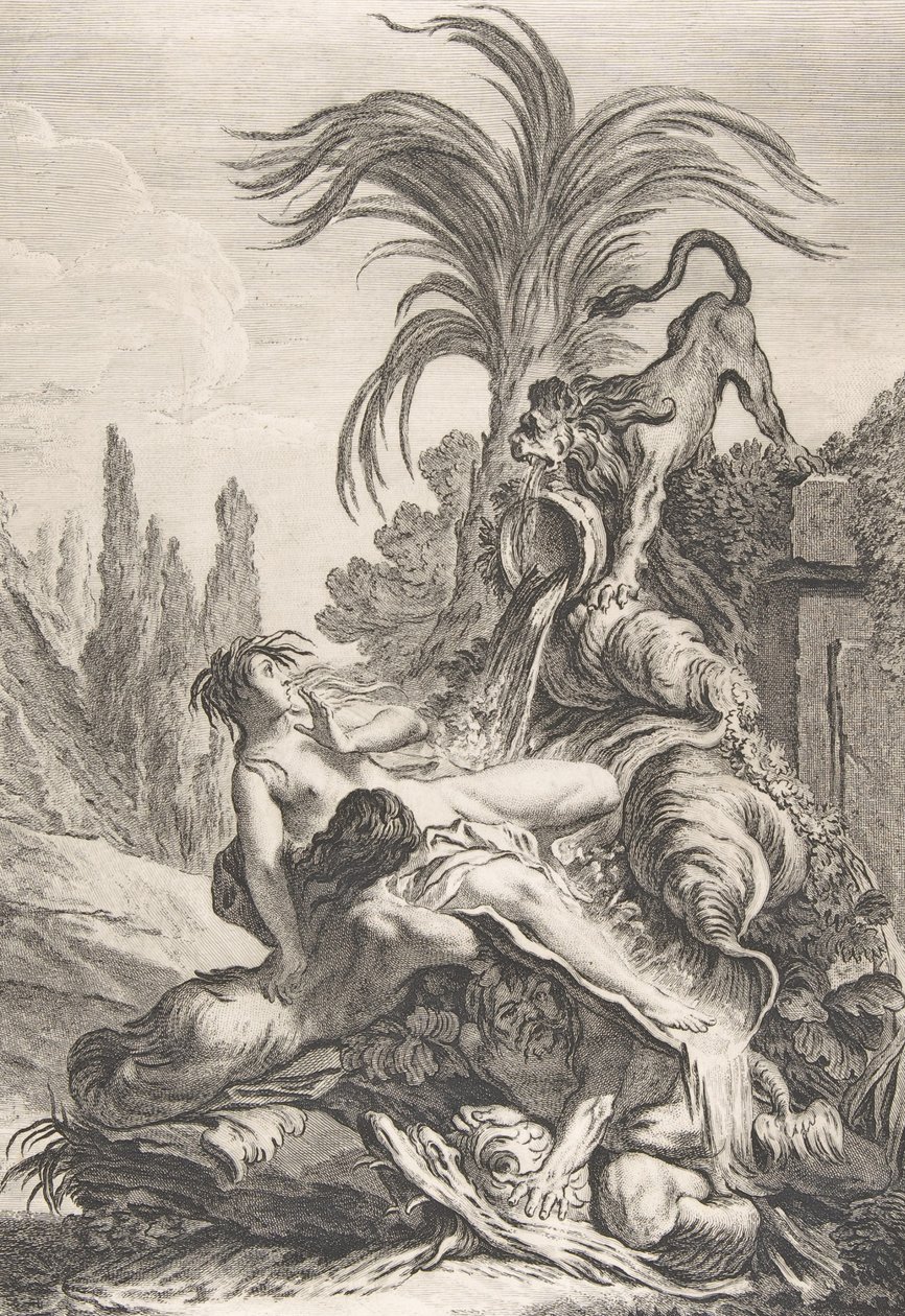Vyděšená Naiad Rozcuchaná Naiad zděšeně ucukne při pohledu na lva, ca. 1740, od Jean Baptiste Marie Pierre