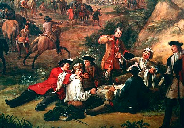 Skupina pijících vojáků, detail pohledu na velitelství knížete z Conti mezi San Sebastianem a Hondarribia, červen 1719 (detail 429011) od Jean Baptiste Martin