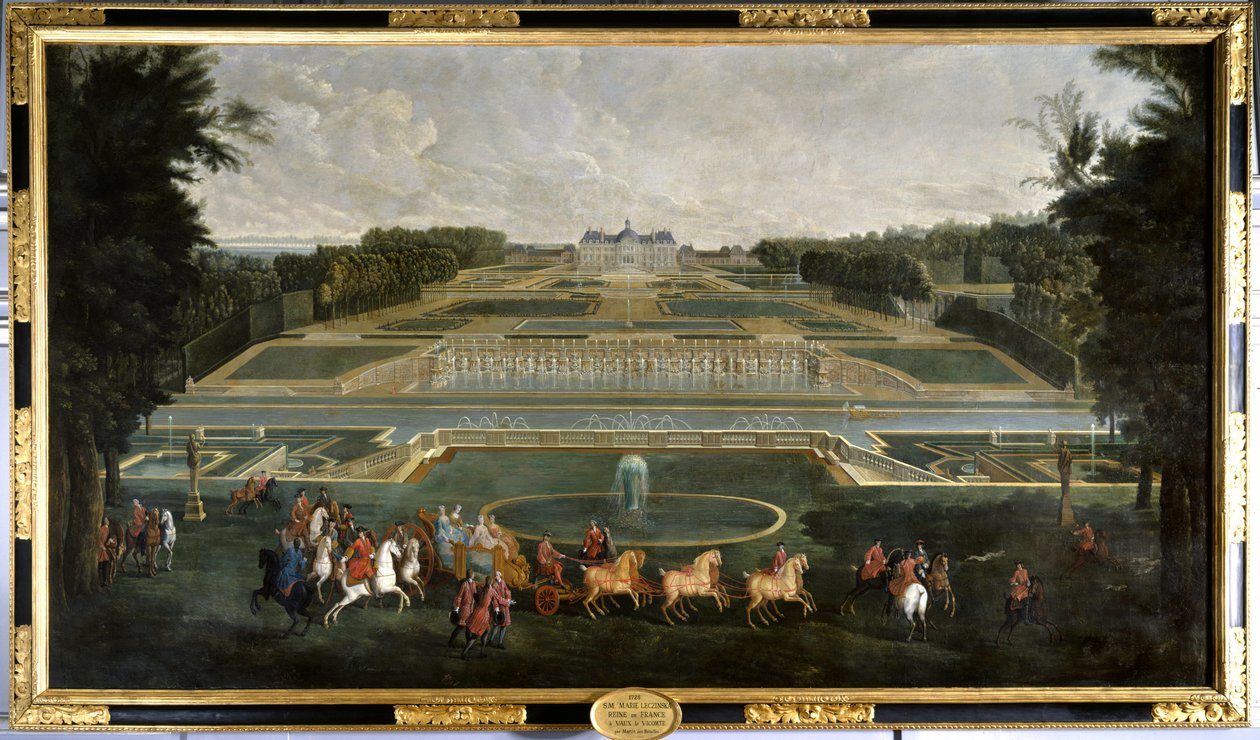 Marie Lescszinska, královna Francie (1703-1768) (Leczinska, Lescszinka, Leszinka) v zahradách zámku Vaux Le Vicomte (Vaux-Le-Vicomte) Obraz Jean Baptiste Martin (1659-1735) 1728 Chateau De Vaux Le Visomte. - Marie Lescszinska, královna F od Jean Baptiste Martin