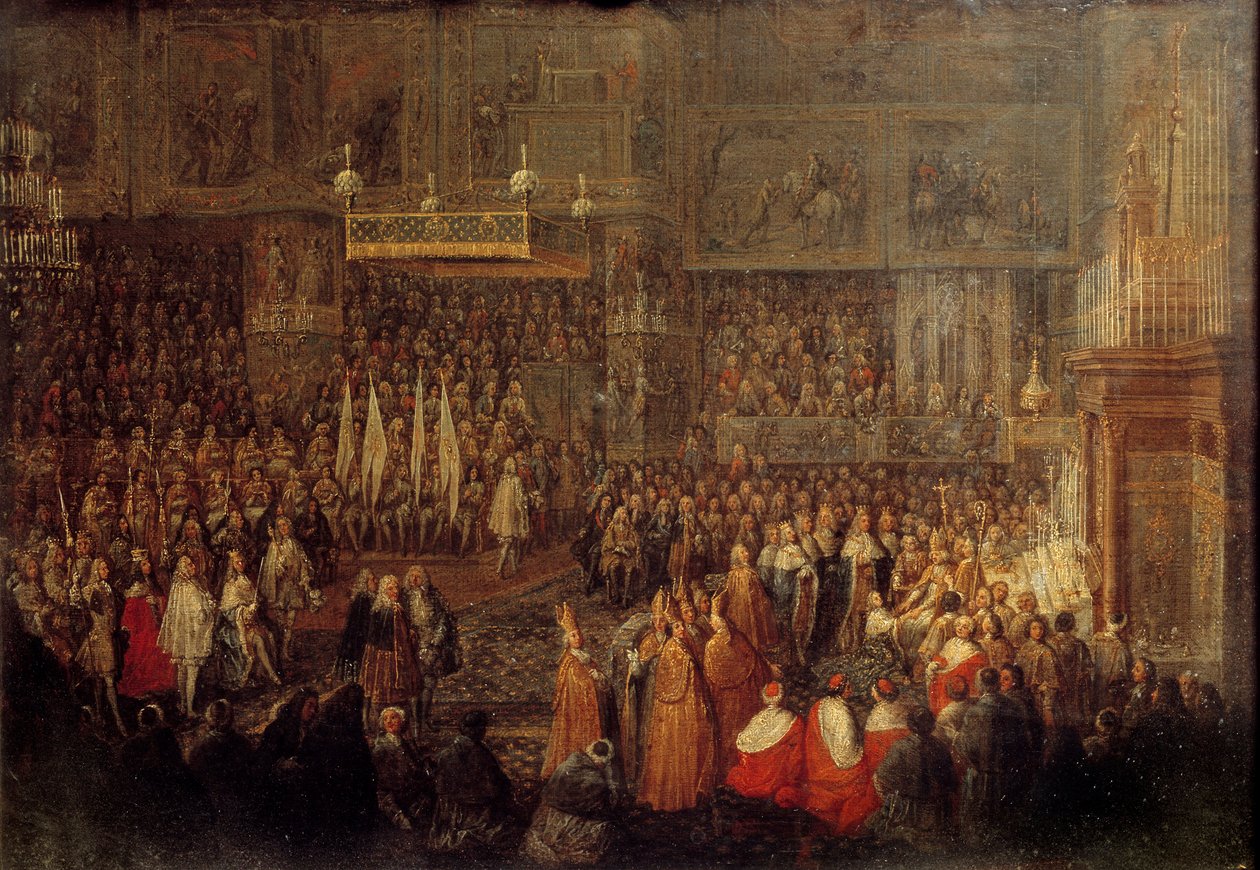 Sacre of Louis XV (1710-1774) v katedrále v Remeši dne 25.10.1722 Obraz Jean Baptiste Martin (1659-1735) 1735 Ne. 0,32 x 0,42 m od Jean Baptiste Martin