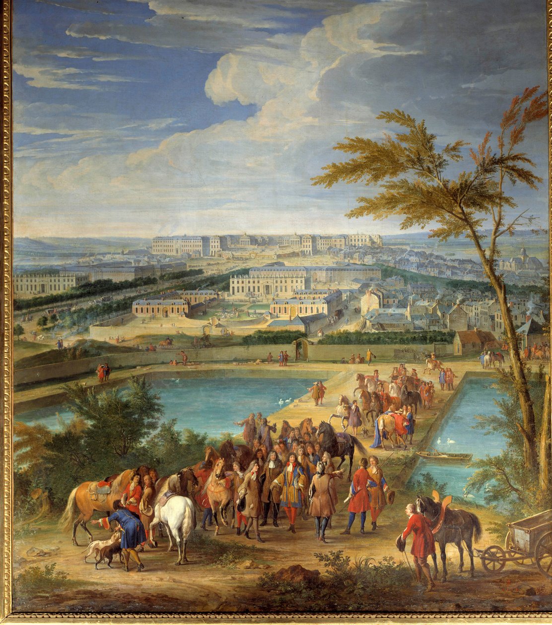 Pohled na město a zámek Versailles z kopce montbauron, Ludvík XIV. (1638-1715) a Francois Michel le Tellier, markýz de Louvois návštěva nových nádrží Obraz Jean-Baptiste Martina (staršího) (1659-1735) ) 17. století ne. 2, od Jean Baptiste Martin