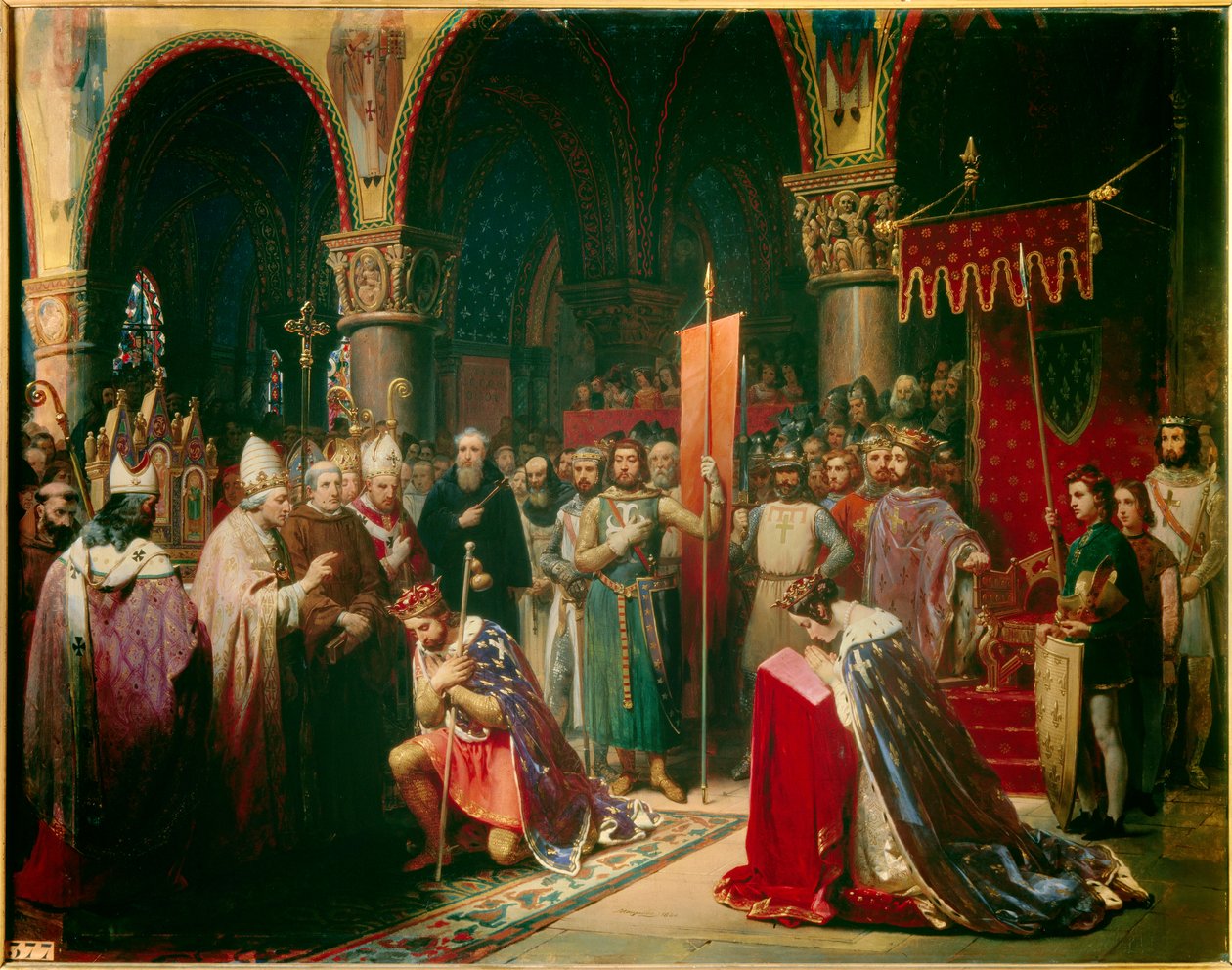 Král Ludvík VII. (1120-1180) přebírá oriflame v bazilice Saint Denis (Saint Denis) za přítomnosti královny Alienor Akvitánské a přijímá čmeláka a pannetiere z pelerinu z rukou papeže Evžena III. (? -1153) před jeho odjezdem od Jean Baptiste Mauzaisse