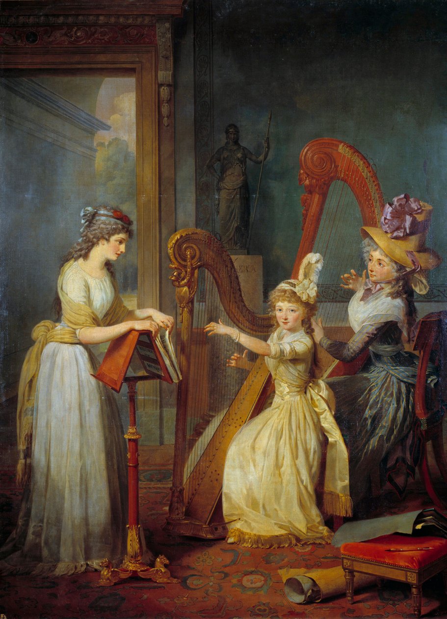 Stephanie Felicite Ducrest de Saint-Aubin, hraběnka z Genlis (zvaná Madame de Genlis) (1746-1830) přednáší na harfě dětem vévody z Orleansu na zámku Saint Leu Obraz Jean Baptiste Mauzaisse (1784-1844) Slunce 19. století. 2,4 od Jean Baptiste Mauzaisse