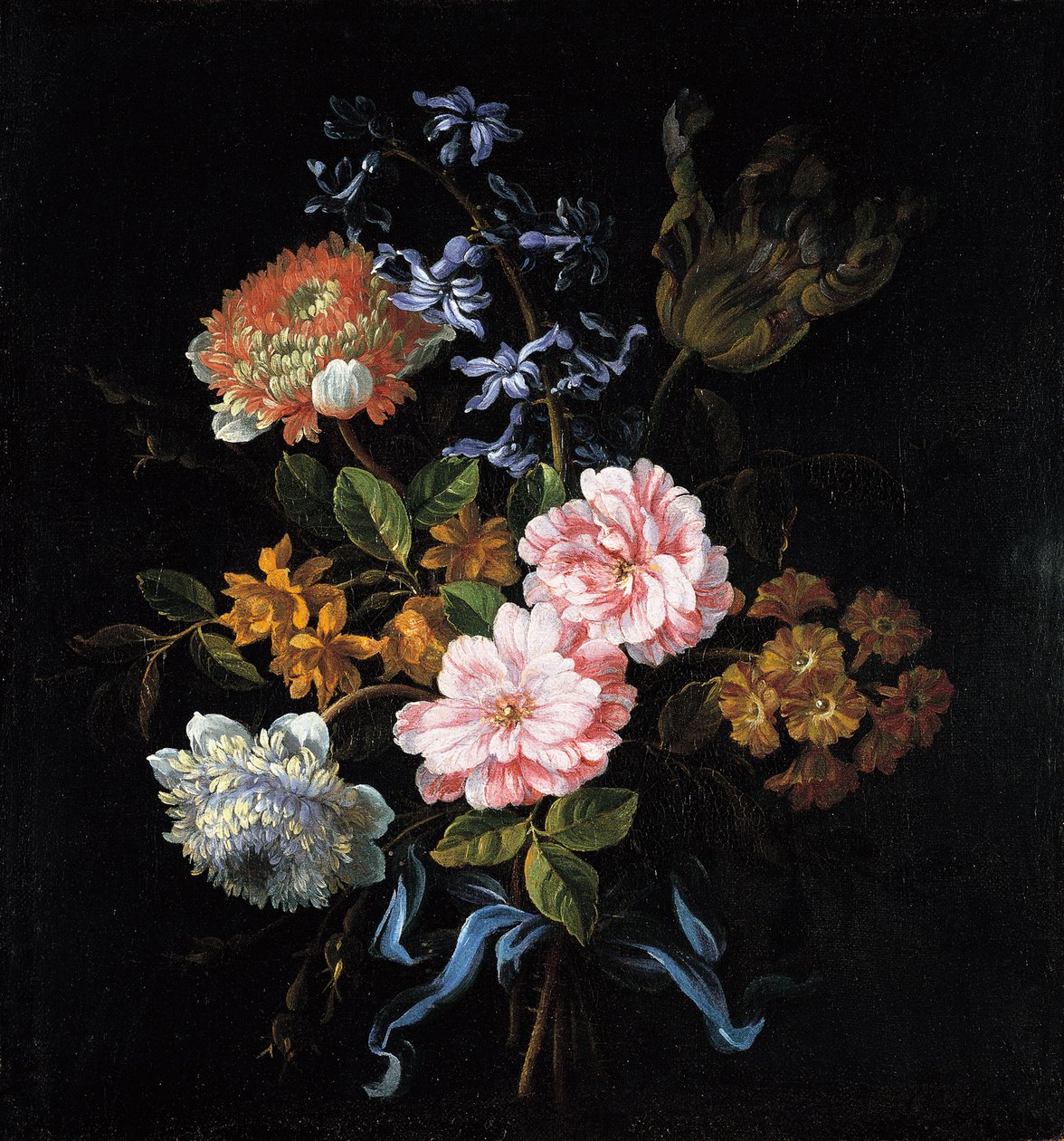Kytice z makových sasanek, růží, dvojité campernelle, hyacintu, tulipánu a ušního boltce svázaná s b od Jean Baptiste Monnoyer
