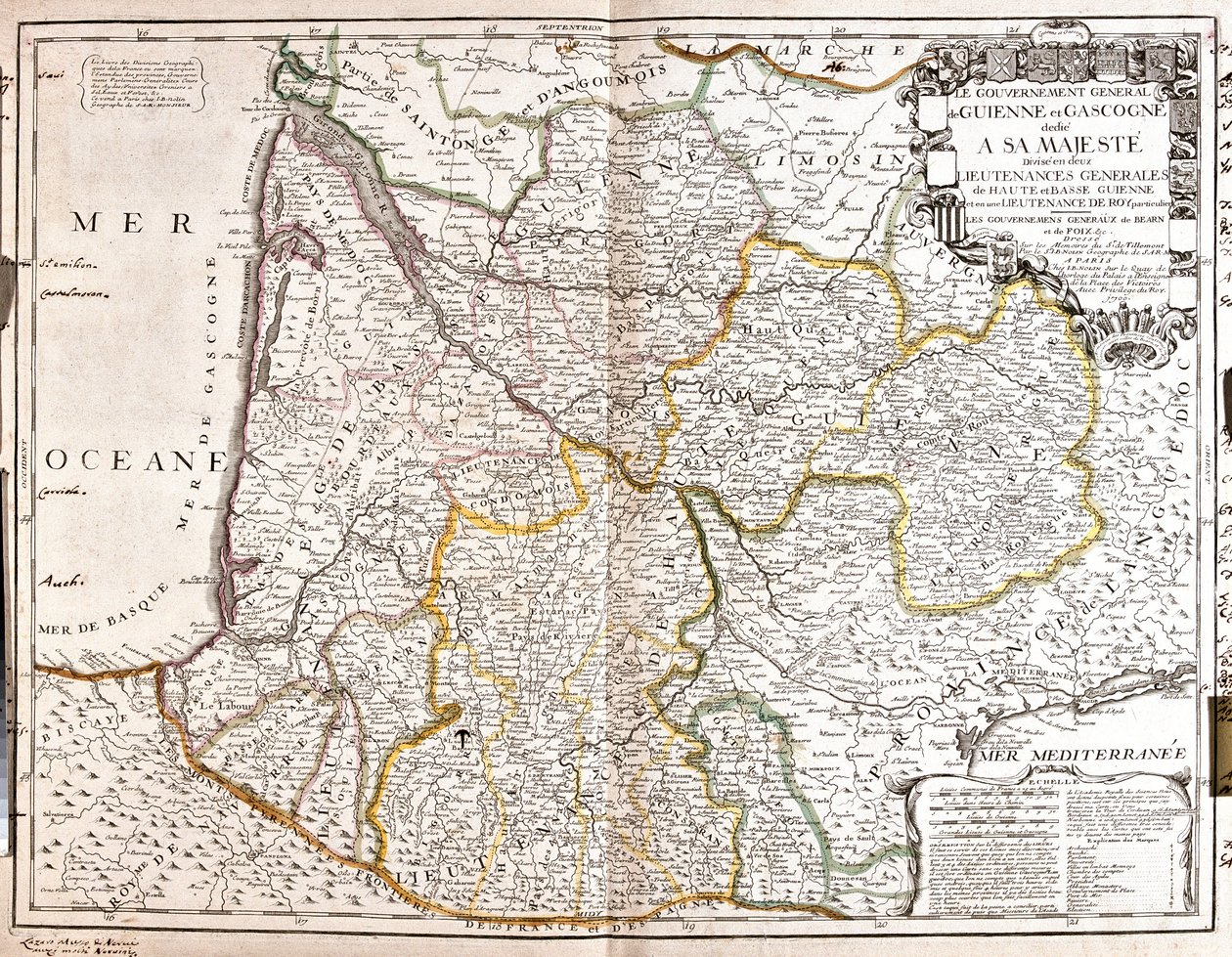 Mapa Guyenne a Gascogne (jihozápadní Francie) (rytina od Jean Baptiste Nolin