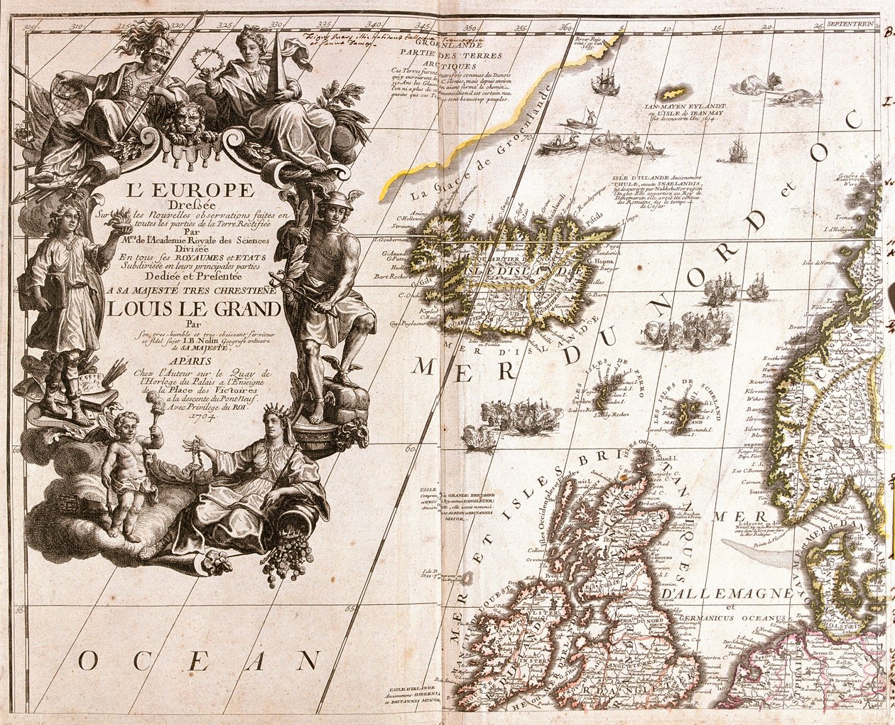 Mapa Islandu a severních Britských ostrovů, v Severním moři od Jean Baptiste Nolin