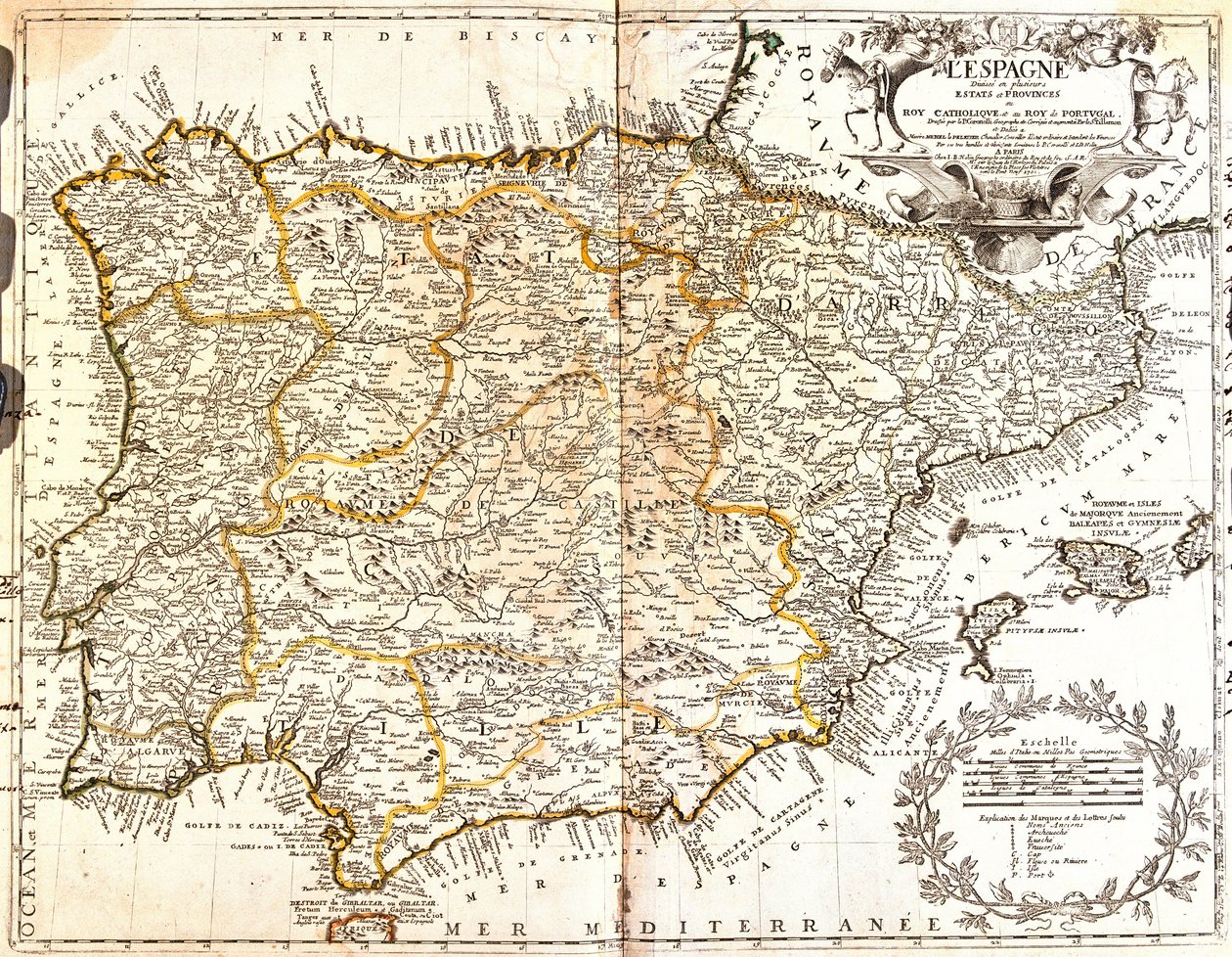 Mapa Španělska a Portugalska (rytina od Jean Baptiste Nolin