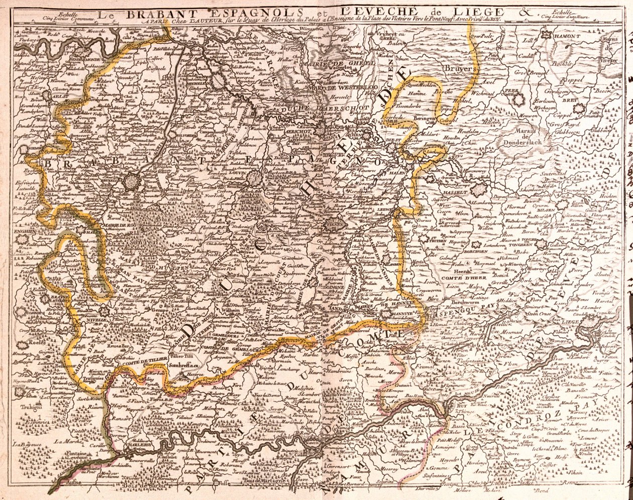 Mapa Španělského Brabantu (Vlámský a Valonský Brabant) a diecéze Lutych (Belgie) (rytina od Jean Baptiste Nolin