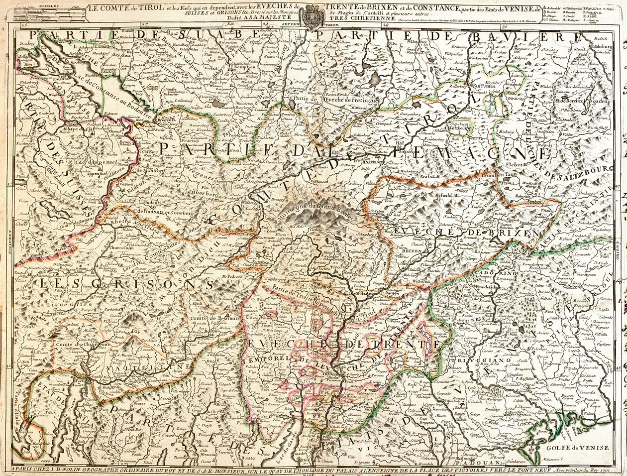 Mapa provincie Tyrolsko (Německo) (rytina od Jean Baptiste Nolin