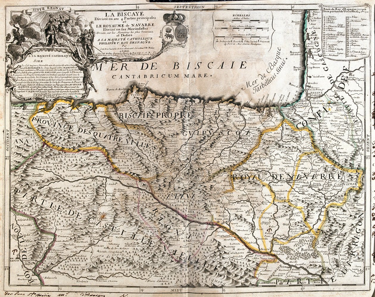 Mapa provincie Biskaj (Španělsko) a království Navarra (Francie) (rytina od Jean Baptiste Nolin