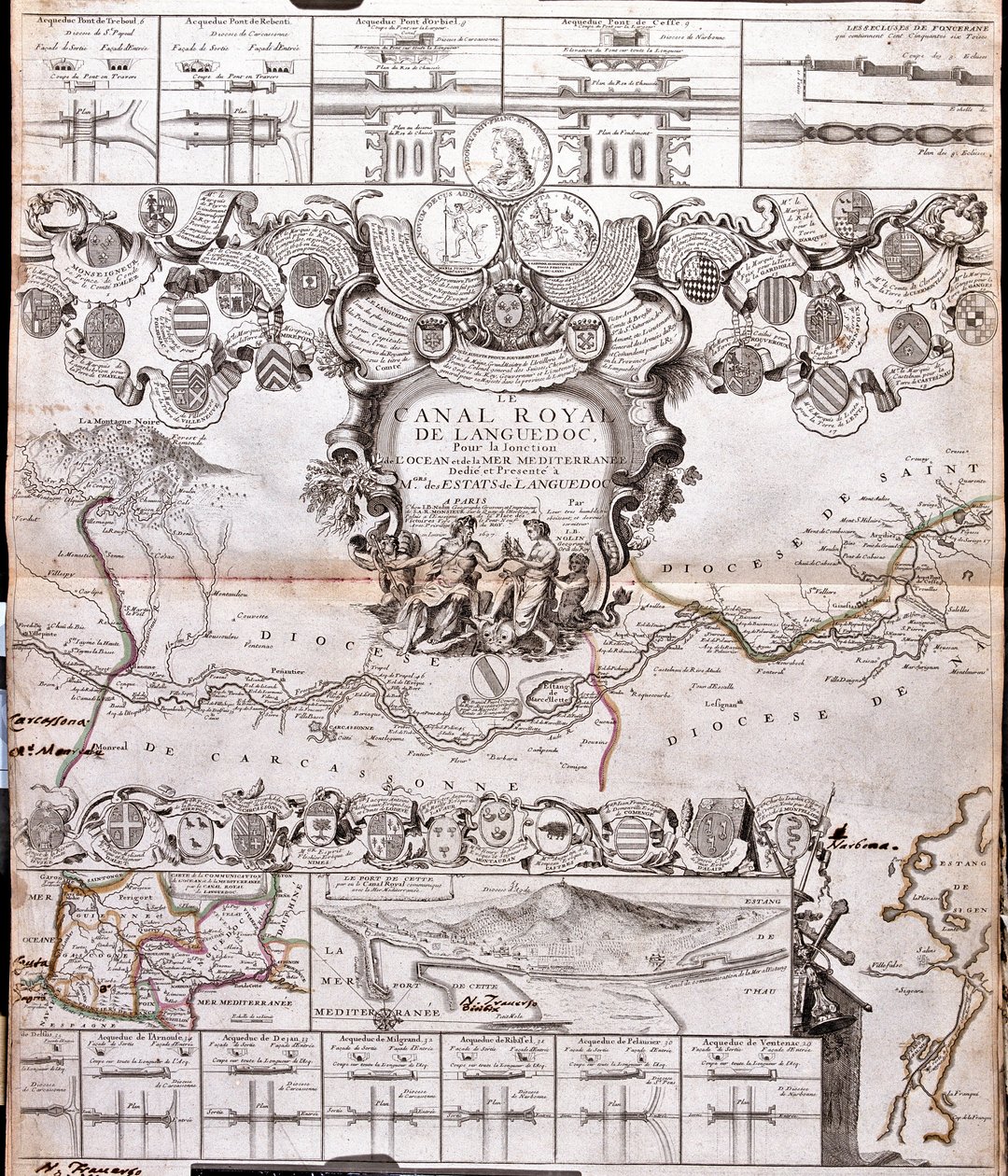 Mapa Canal du Midi s akvadukty (rytina od Jean Baptiste Nolin