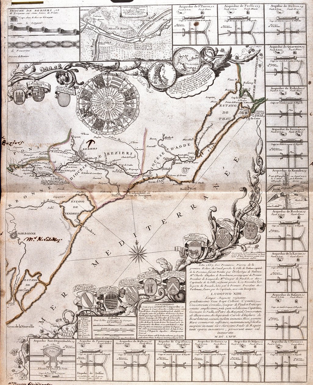 Mapa Canal du Midi s akvadukty (rytina od Jean Baptiste Nolin