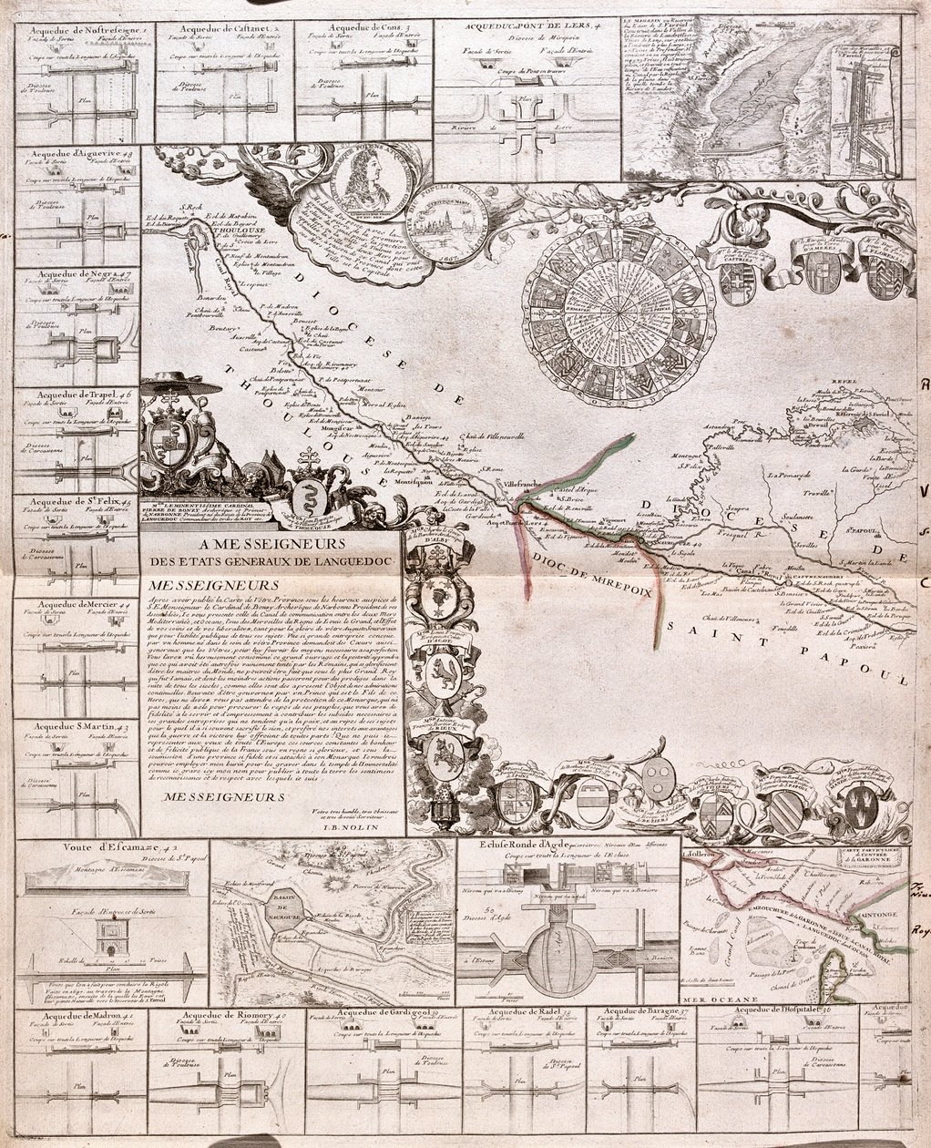 Mapa Canal du Midi s akvadukty (rytina od Jean Baptiste Nolin