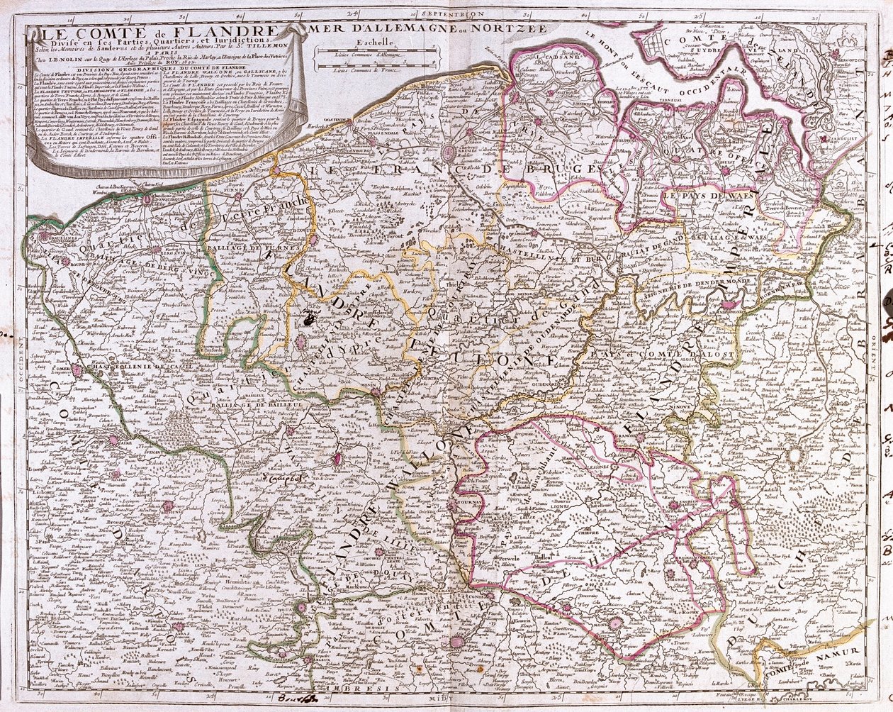 Mapa hrabství Flanders (dnešní západní a východní Flandry Belgie) (rytina od Jean Baptiste Nolin