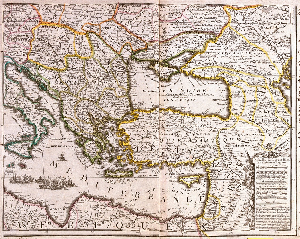 Mapa zemí východního Středomoří a Černého moře, Turecka a provincií Malé Asie (lept od Jean Baptiste Nolin