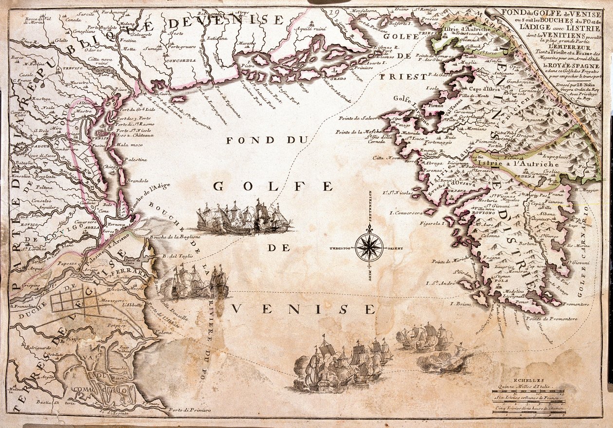 Mapa Benátského zálivu, Jaderské moře (rytina od Jean Baptiste Nolin