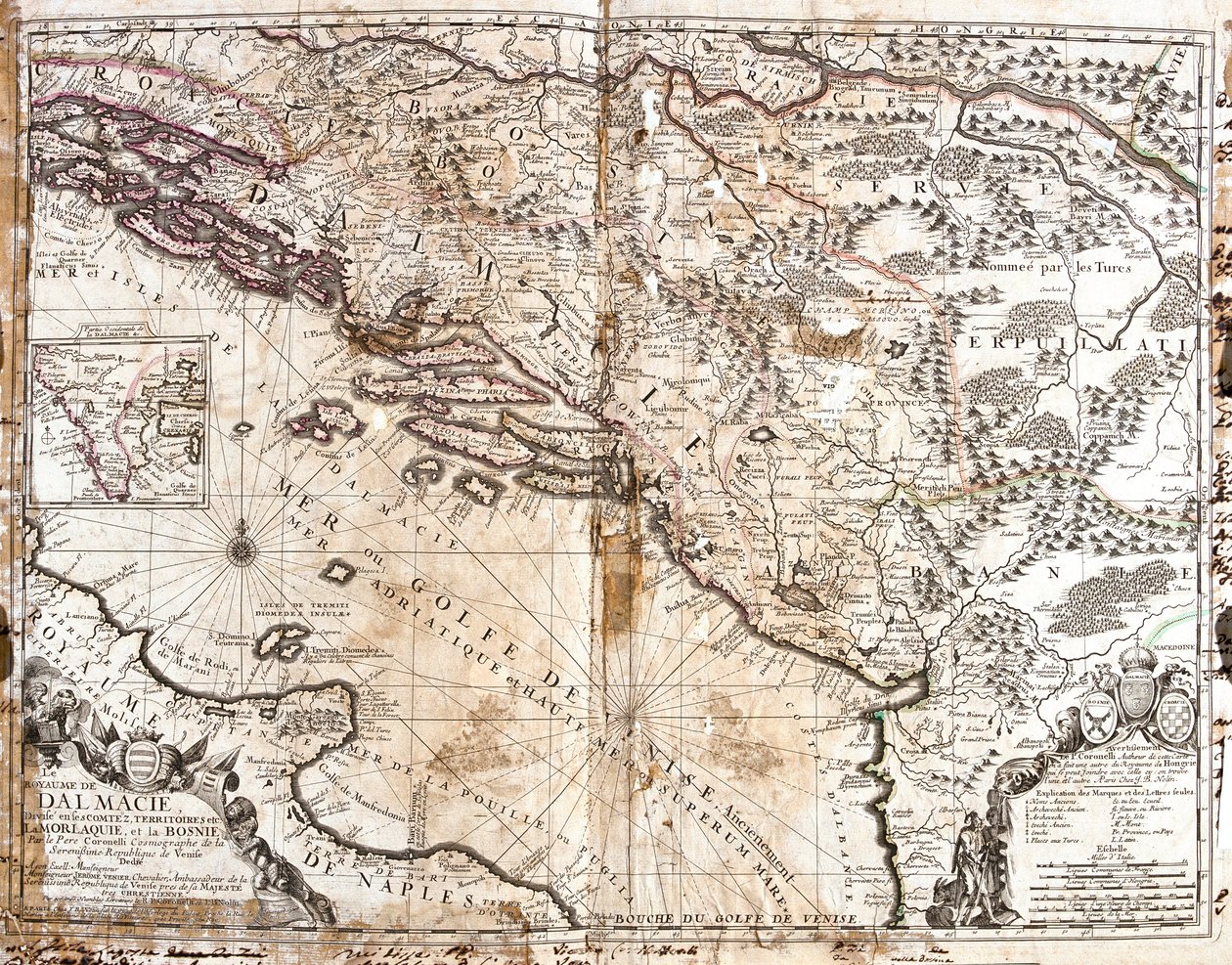 Mapa Království Dalmácie (dnešní Chorvatsko a Černá Hora), na pobřeží Benátského zálivu (Jaderské moře) (rytina od Jean Baptiste Nolin