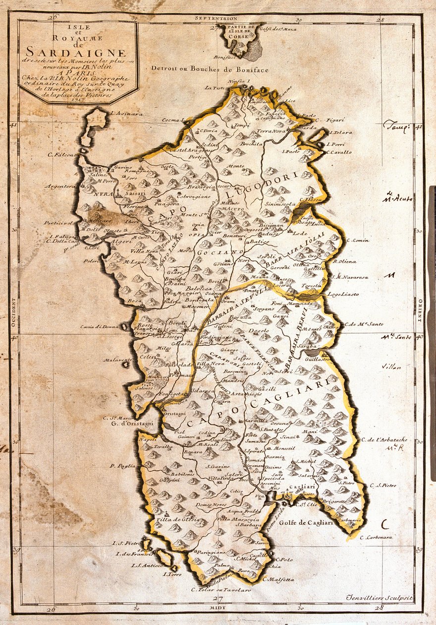 Mapa království Sardinie (Itálie) (rytina od Jean Baptiste Nolin