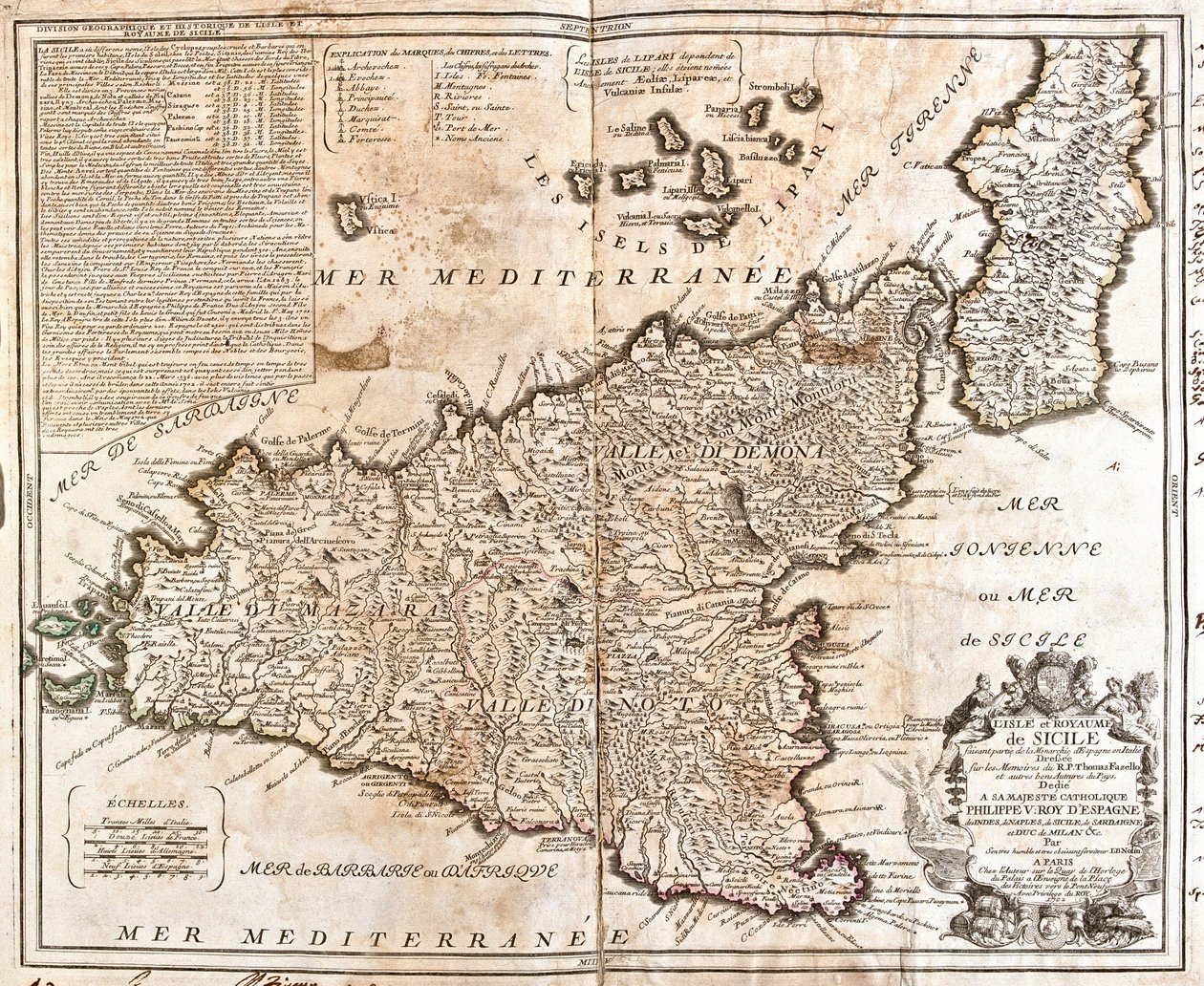 Mapa království Sicílie (Itálie) (rytina od Jean Baptiste Nolin