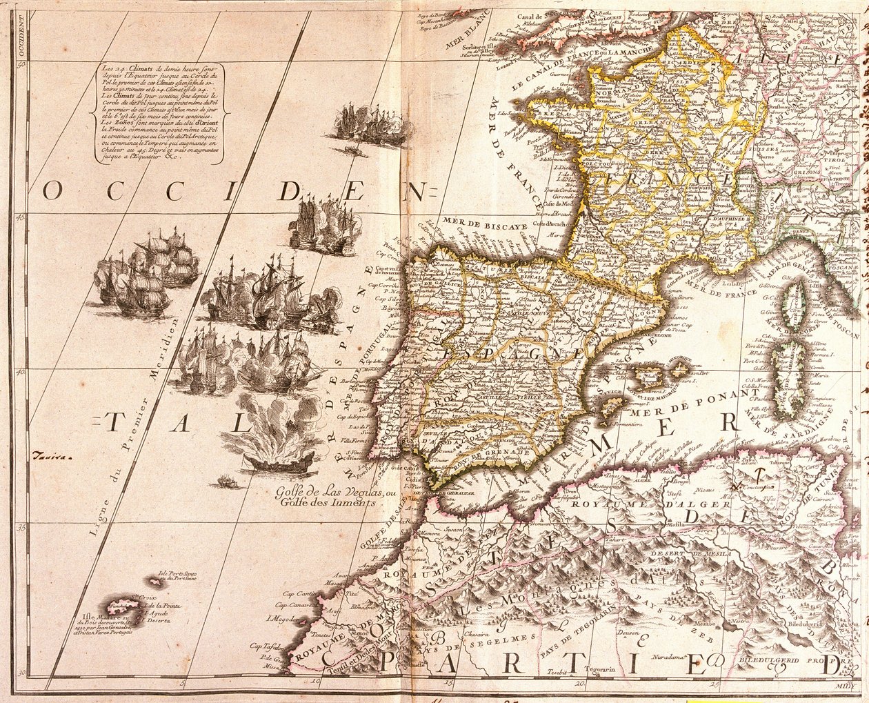 Mapa zemí západního Středomoří: Francie, Španělsko, Portugalsko a severní Afrika (Maroko, Alžírsko, Tunisko), s Baleáry, Korsikou a Sardinií (lept od Jean Baptiste Nolin
