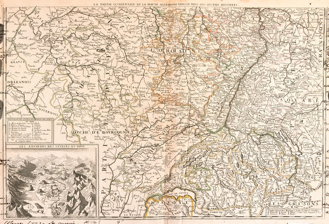 Mapa oblasti kolem Rýna (Německo, Švýcarsko, Francie) (rytina od Jean Baptiste Nolin