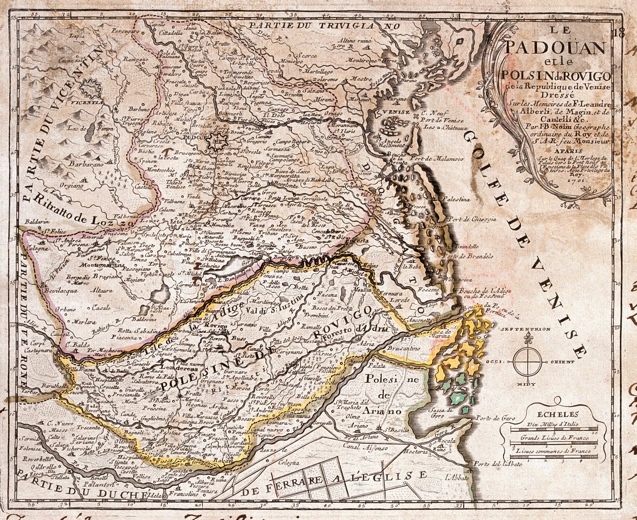 Mapa oblasti Padovy a Polesine (Itálie) (rytina od Jean Baptiste Nolin